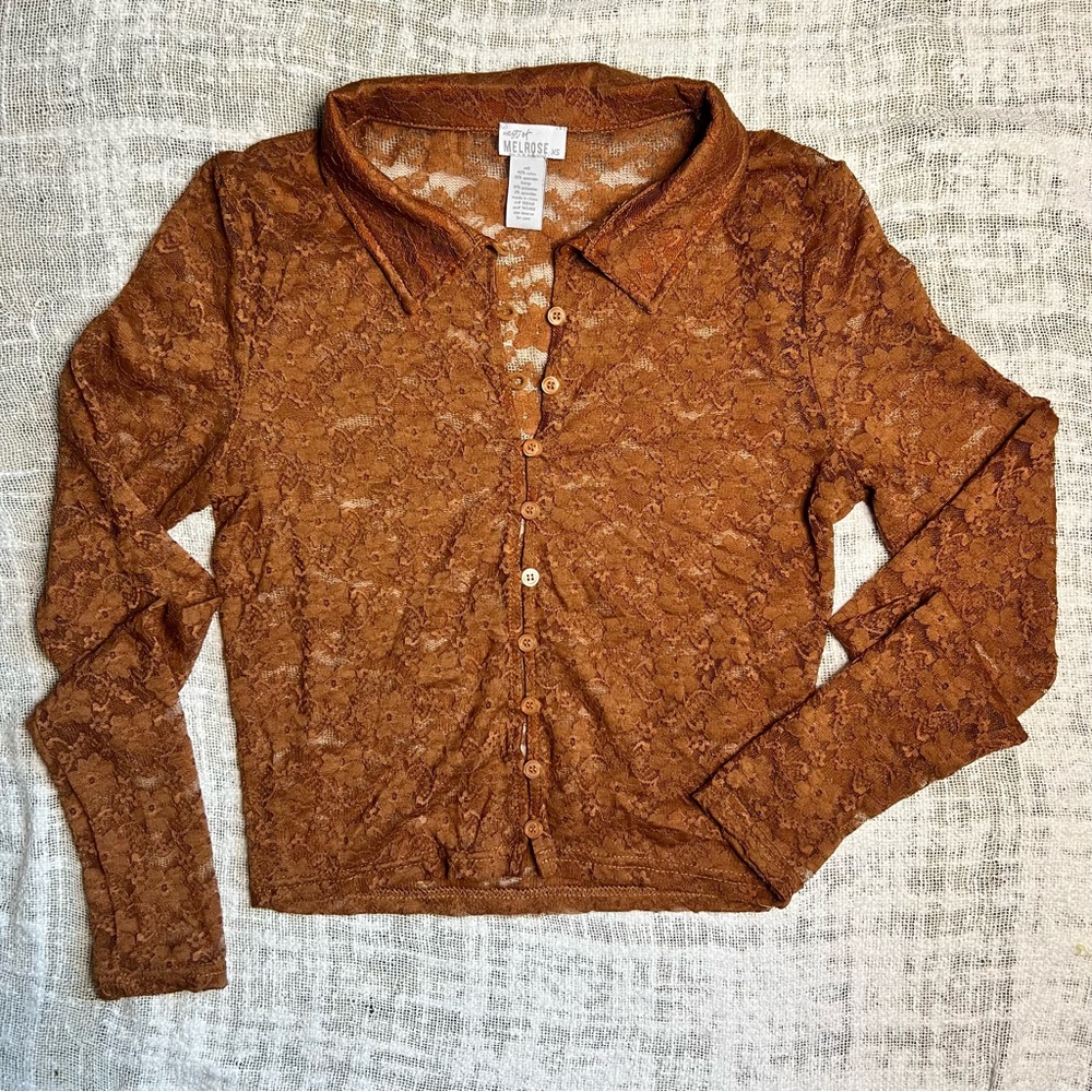 West Of Melrose • Brown Long Sleeve Crop Lace Button Down Shirt • Size XS